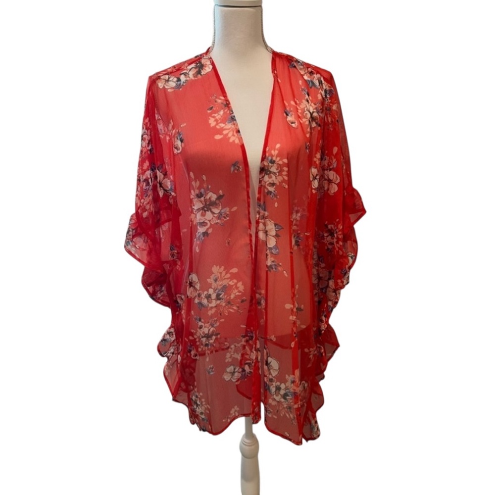 NWT $42 Women's Kimono Coverup Sheer Chiffon Floral  Loose Cardigan Tops Large‎